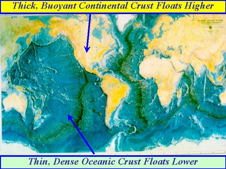 Thick, Buoyant Continental Crust Floats Higher Thin, Dense Oceanic Crust Floats Lower 