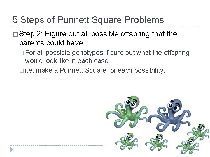 5 Steps of Punnett Square Problems � Step 2: Figure out all possible offspring