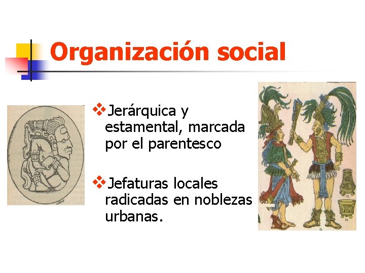 Organización social v. Jerárquica y estamental, marcada por el parentesco v. Jefaturas locales radicadas