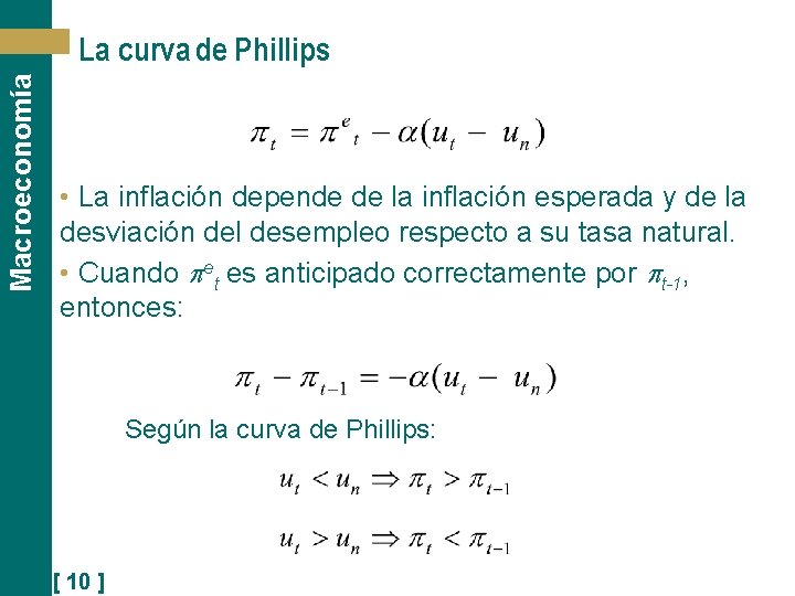 Macroeconomía La curva de Phillips • La inflación depende de la inflación esperada y