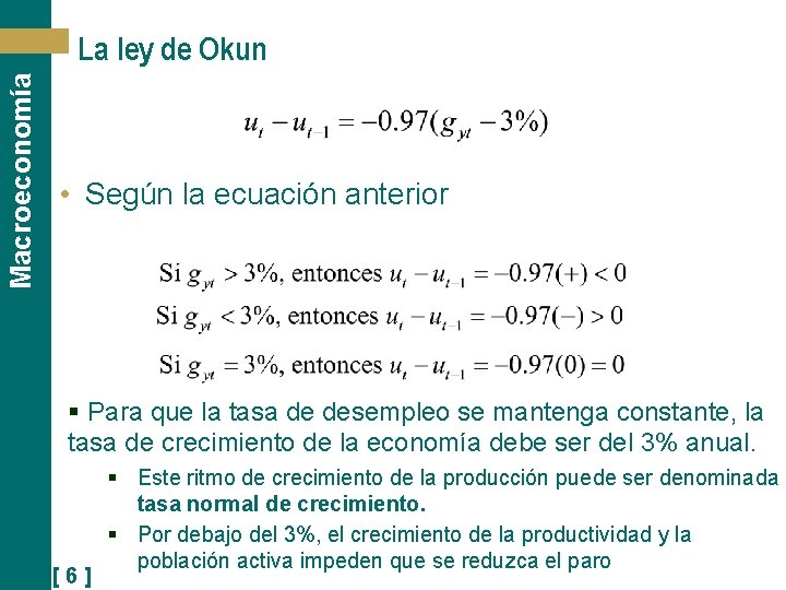 Macroeconomía La ley de Okun • Según la ecuación anterior § Para que la