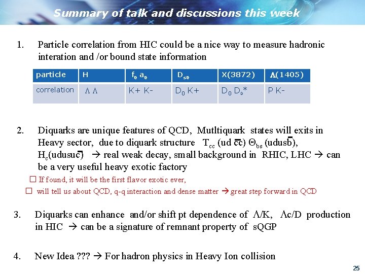 Summary of talk and discussions this week 1. Particle correlation from HIC could be