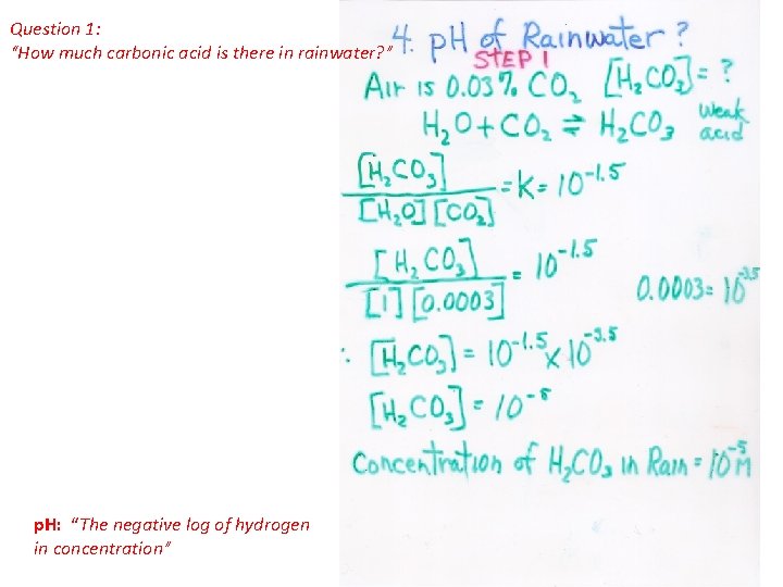 Question 1: “How much carbonic acid is there in rainwater? ” p. H: “The
