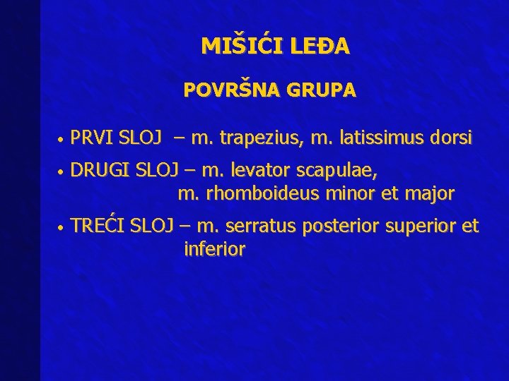 MIŠIĆI LEĐA POVRŠNA GRUPA • PRVI SLOJ – m. trapezius, m. latissimus dorsi •