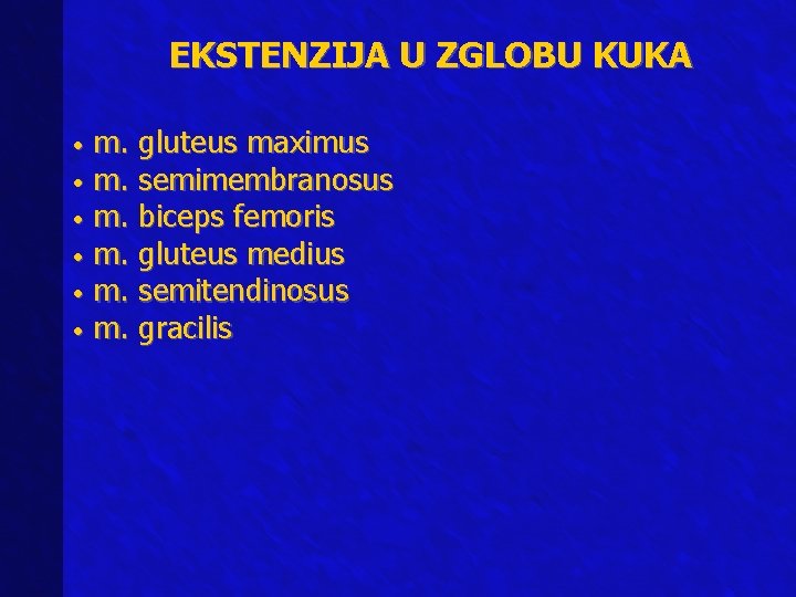 EKSTENZIJA U ZGLOBU KUKA m. gluteus maximus • m. semimembranosus • m. biceps femoris