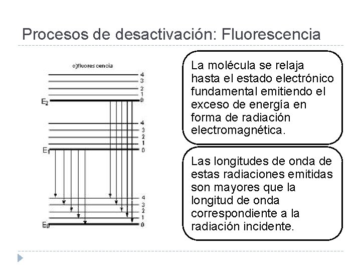Procesos de desactivación: Fluorescencia La molécula se relaja hasta el estado electrónico fundamental emitiendo