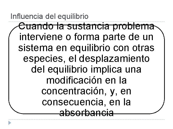 Influencia del equilibrio Cuando la sustancia problema interviene o forma parte de un sistema