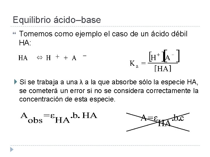 Equilibrio ácido–base Tomemos como ejemplo el caso de un ácido débil HA: Si se