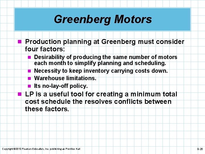 Greenberg Motors n Production planning at Greenberg must consider four factors: n Desirability of