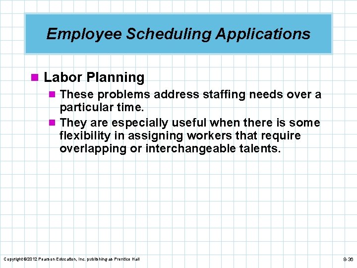 Employee Scheduling Applications n Labor Planning n These problems address staffing needs over a
