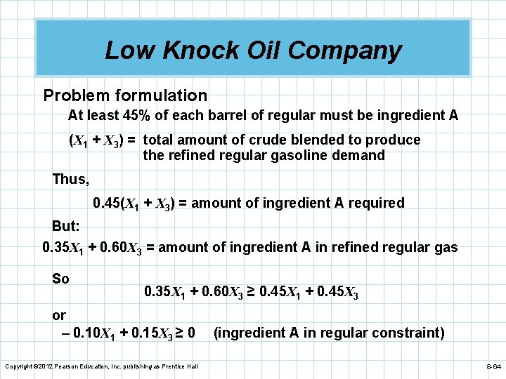 Low Knock Oil Company Problem formulation At least 45% of each barrel of regular