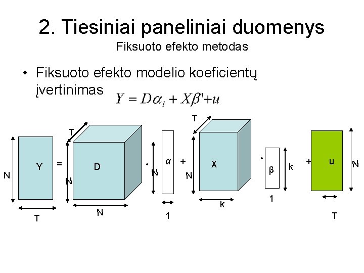 2. Tiesiniai paneliniai duomenys Fiksuoto efekto metodas • Fiksuoto efekto modelio koeficientų įvertinimas T