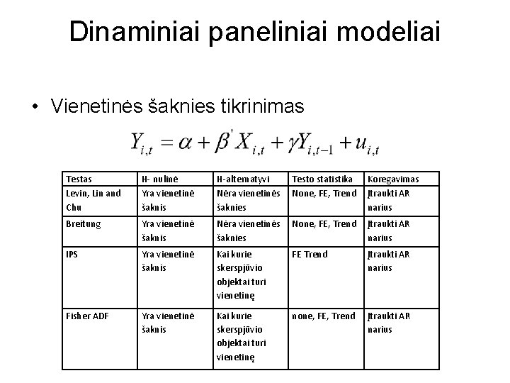 Dinaminiai paneliniai modeliai • Vienetinės šaknies tikrinimas Testas Levin, Lin and Chu H- nulinė