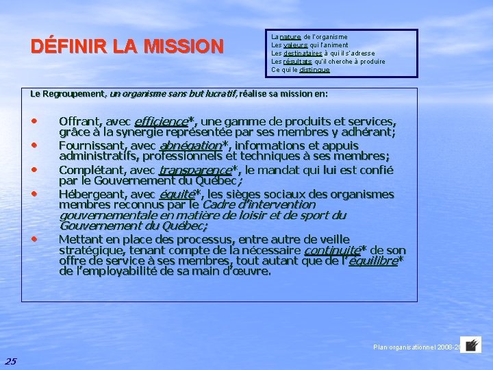 DÉFINIR LA MISSION La nature de l’organisme Les valeurs qui l’animent destinataires à qui