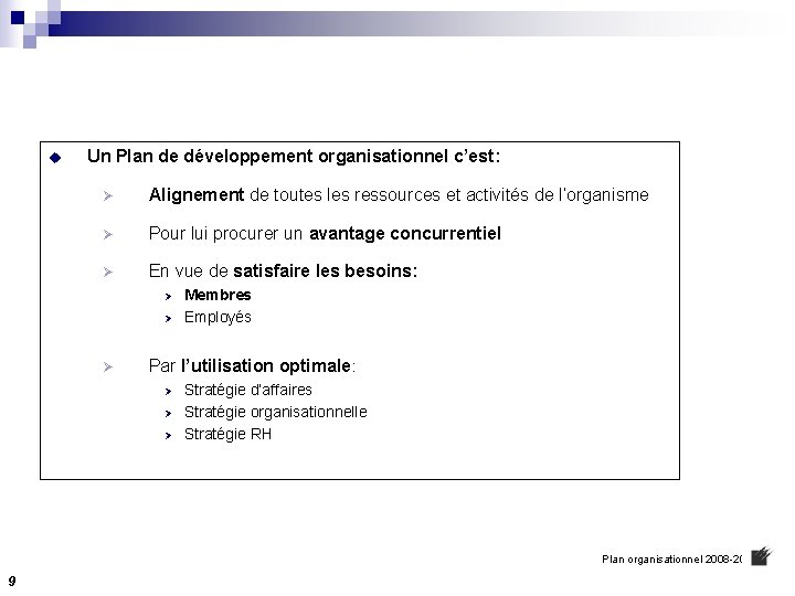 PLANIFICATION STRATGIQUE PLAN ORGANISATIONNEL Version de prsentation pour