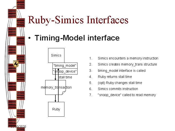 Ruby-Simics Interfaces • Timing-Model interface Simics 1. Simics encounters a memory instruction “timing_model” 2.