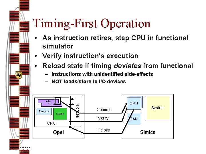 Timing-First Operation • As instruction retires, step CPU in functional simulator • Verify instruction’s