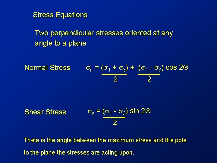 Stress Equations Two perpendicular stresses oriented at any angle to a plane Normal Stress