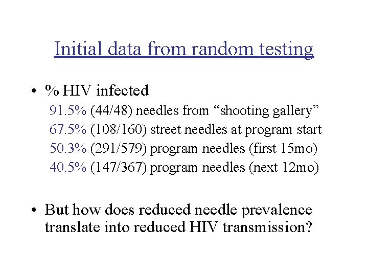 Initial data from random testing • % HIV infected 91. 5% (44/48) needles from