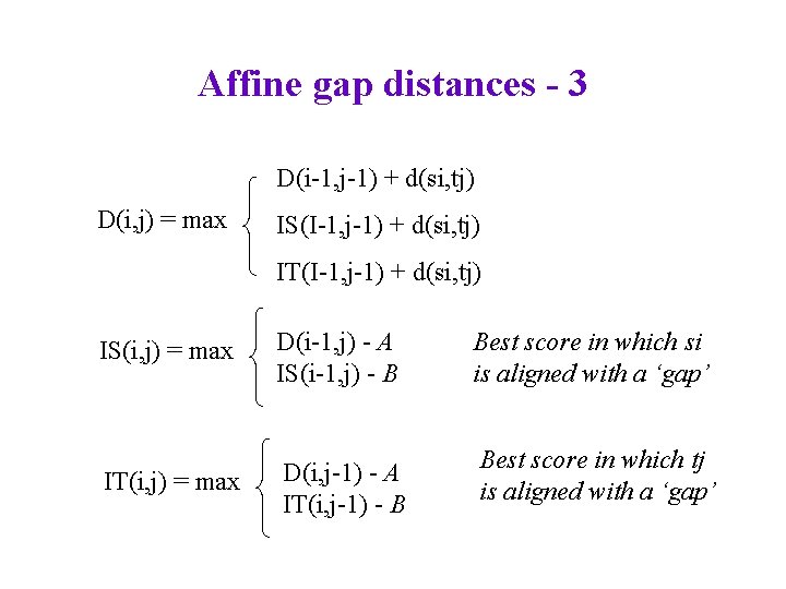 Affine gap distances - 3 D(i, j) = max D(i-1, j-1) + + d(si,