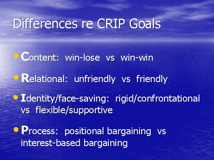 Differences re CRIP Goals • Content: win-lose vs • Relational: unfriendly • Identity/face-saving: vs