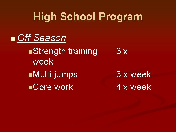 High School Program n Off Season n. Strength training week n. Multi-jumps n. Core
