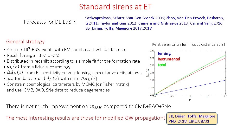 Standard sirens at ET Forecasts for DE Eo. S in Sathyaprakash, Schutz, Van Den