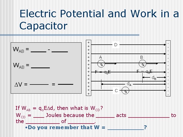 Electric Potential and Work in a Capacitor WAB = - WAB = V =