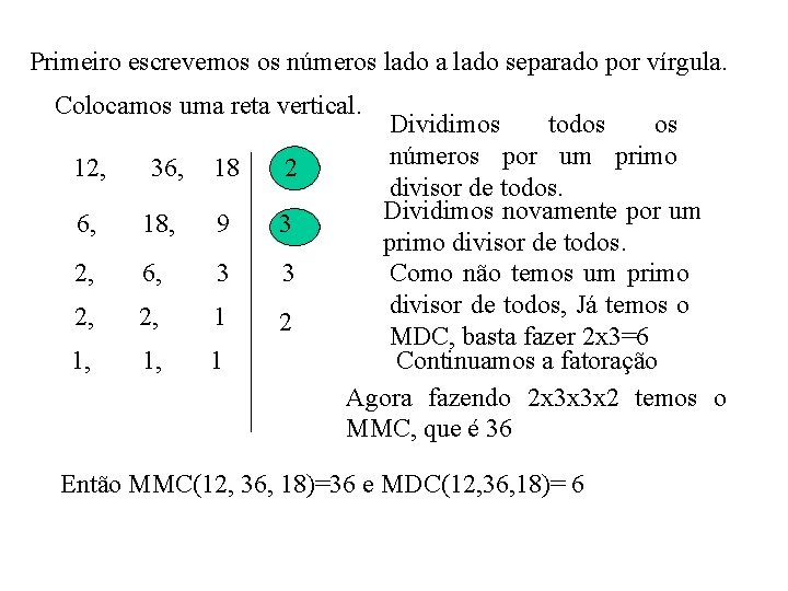 Primeiro escrevemos os números lado a lado separado por vírgula. Colocamos uma reta vertical.