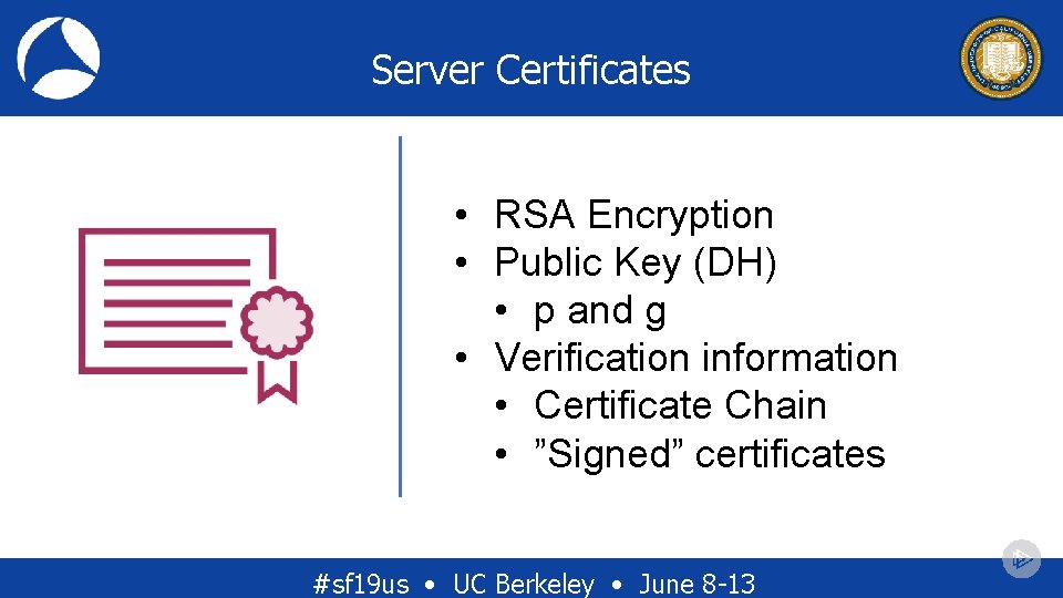 Server Certificates • RSA Encryption • Public Key (DH) • p and g • Server Certificates • RSA Encryption • Public Key (DH) • p and g •