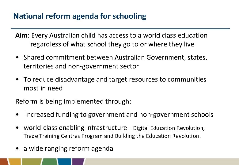 National reform agenda for schooling Aim: Every Australian child has access to a world