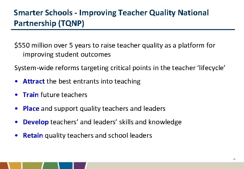 Smarter Schools - Improving Teacher Quality National Partnership (TQNP) $550 million over 5 years