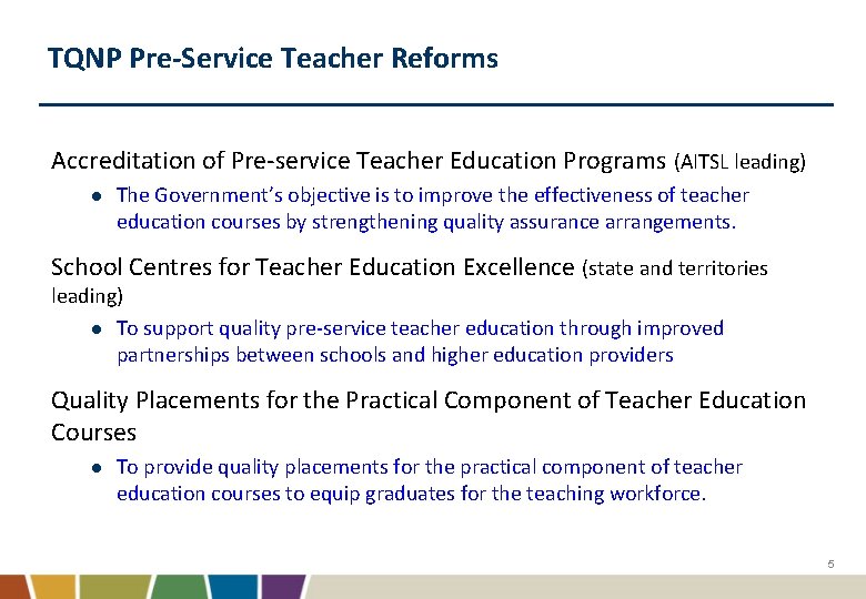 TQNP Pre-Service Teacher Reforms Accreditation of Pre-service Teacher Education Programs (AITSL leading) l The