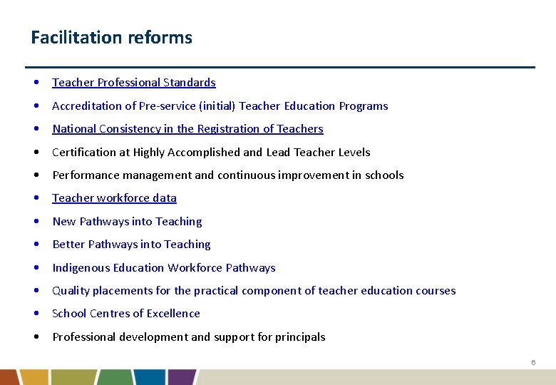 Facilitation reforms • Teacher Professional Standards • Accreditation of Pre-service (initial) Teacher Education Programs