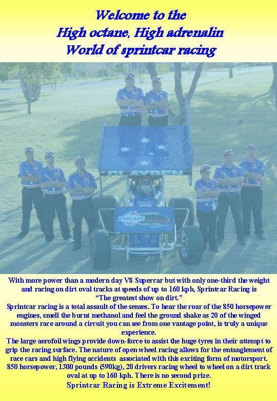 Welcome to the High octane, High adrenalin World of sprintcar racing With more power Welcome to the High octane, High adrenalin World of sprintcar racing With more power