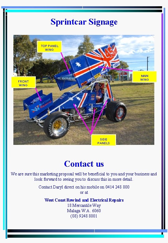 Sprintcar Signage TOP PANEL WING MAIN WING FRONT WING SIDE PANELS Contact us We Sprintcar Signage TOP PANEL WING MAIN WING FRONT WING SIDE PANELS Contact us We