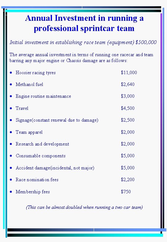 Annual Investment in running a professional sprintcar team Initial investment in establishing race team Annual Investment in running a professional sprintcar team Initial investment in establishing race team