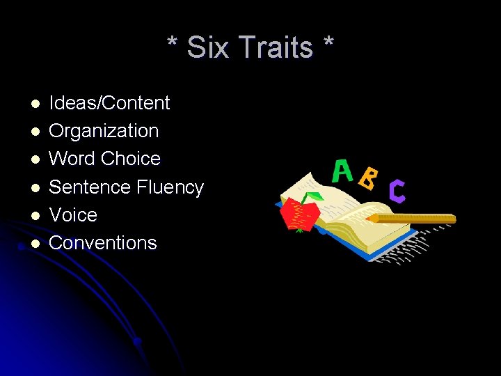 * Six Traits * l l l Ideas/Content Organization Word Choice Sentence Fluency Voice