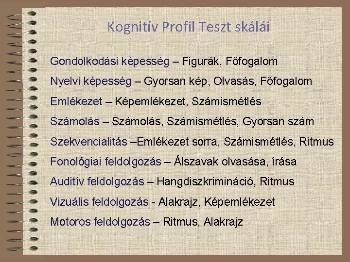 Kognitív Profil Teszt skálái Gondolkodási képesség – Figurák, Főfogalom Nyelvi képesség – Gyorsan kép,