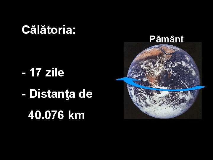 Călătoria: - 17 zile - Distanţa de 40. 076 km Pământ 