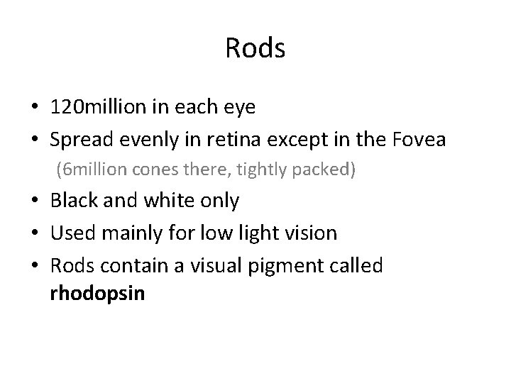 Rods • 120 million in each eye • Spread evenly in retina except in