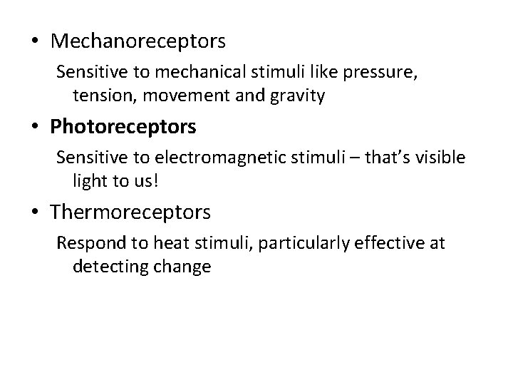  • Mechanoreceptors Sensitive to mechanical stimuli like pressure, tension, movement and gravity •