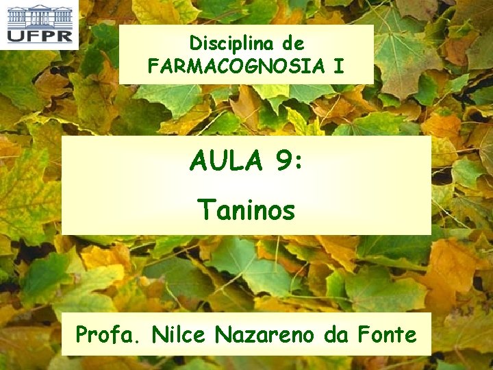 Disciplina de FARMACOGNOSIA I AULA 9: Taninos Profa. Nilce Nazareno da Fonte 