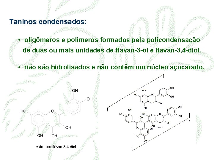 Taninos condensados: • oligômeros e polímeros formados pela policondensação de duas ou mais unidades