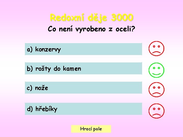 Redoxní děje 3000 Co není vyrobeno z oceli? a) konzervy b) rošty do kamen