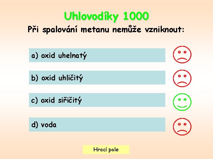 Uhlovodíky 1000 Při spalování metanu nemůže vzniknout: a) oxid uhelnatý b) oxid uhličitý c)