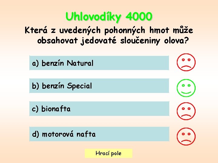 Uhlovodíky 4000 Která z uvedených pohonných hmot může obsahovat jedovaté sloučeniny olova? a) benzín