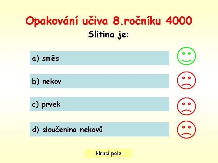 Opakování učiva 8. ročníku 4000 Slitina je: a) směs b) nekov c) prvek d)