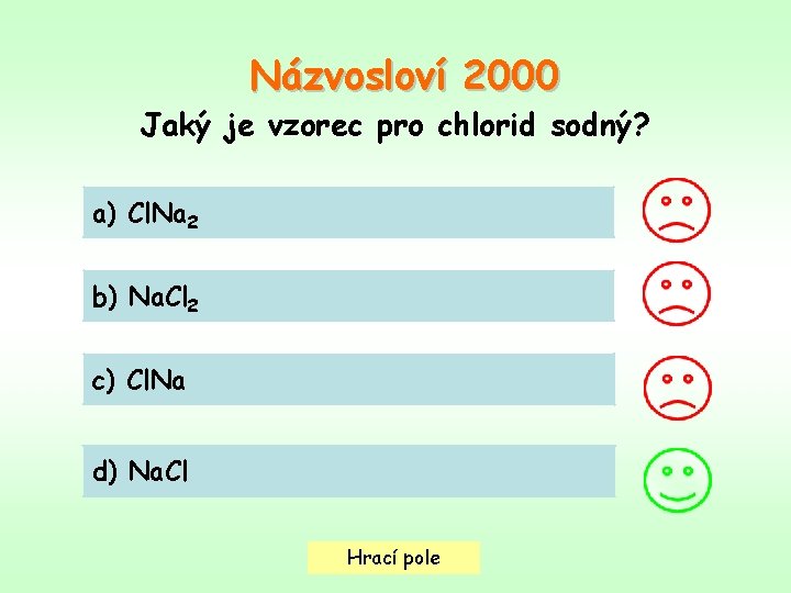 Názvosloví 2000 Jaký je vzorec pro chlorid sodný? a) Cl. Na 2 b) Na.