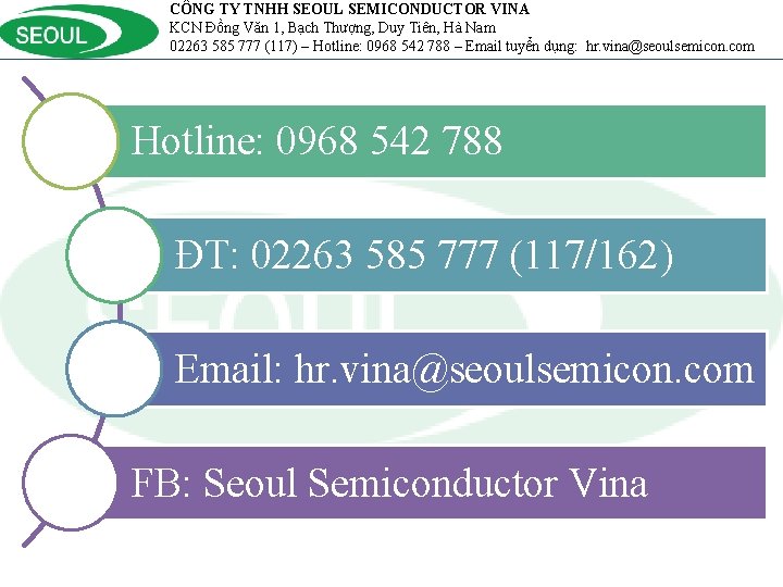 CÔNG TY TNHH SEOUL SEMICONDUCTOR VINA KCN Đồng Văn 1, Bạch Thượng, Duy Tiên,